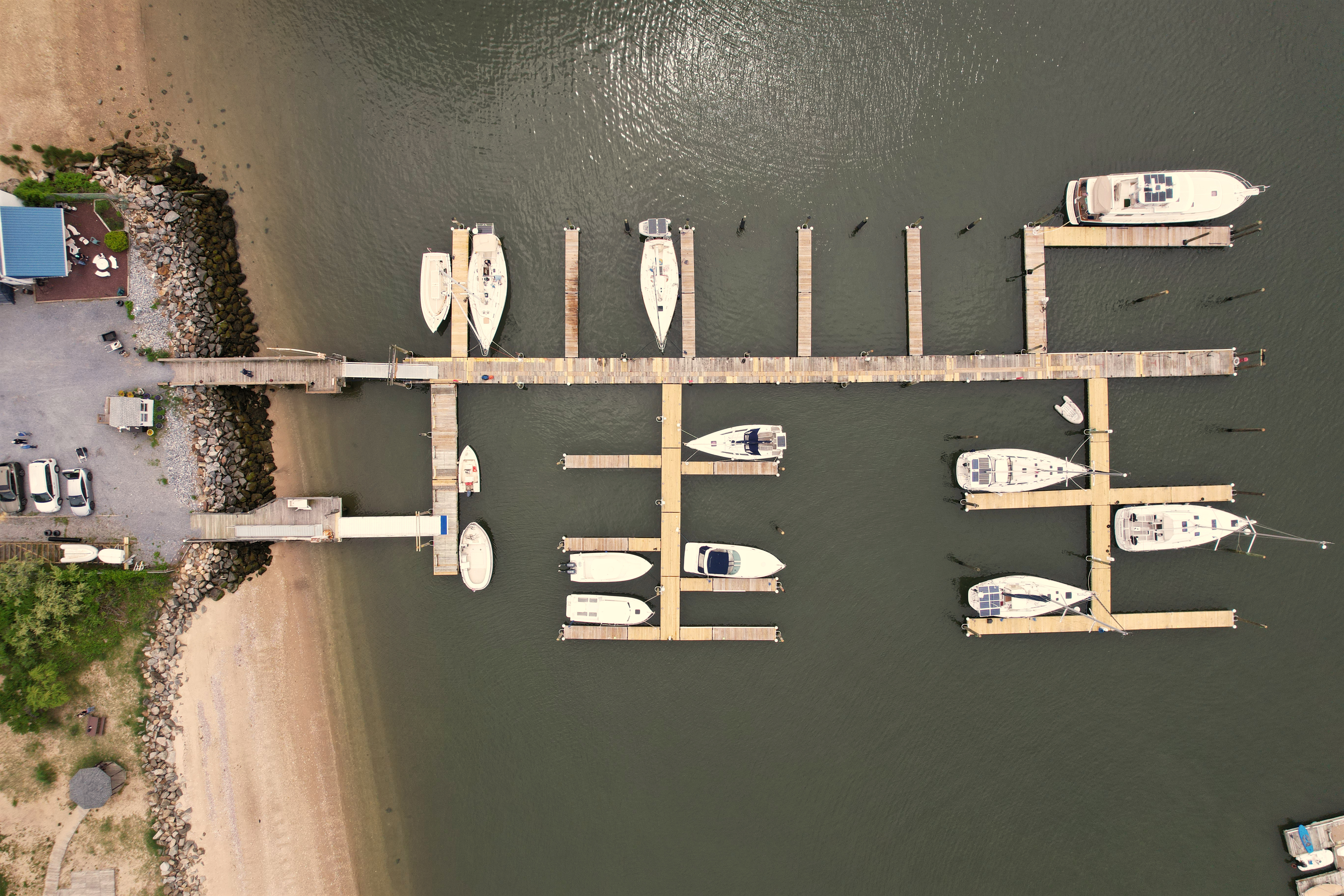 Top-down view of marina docks